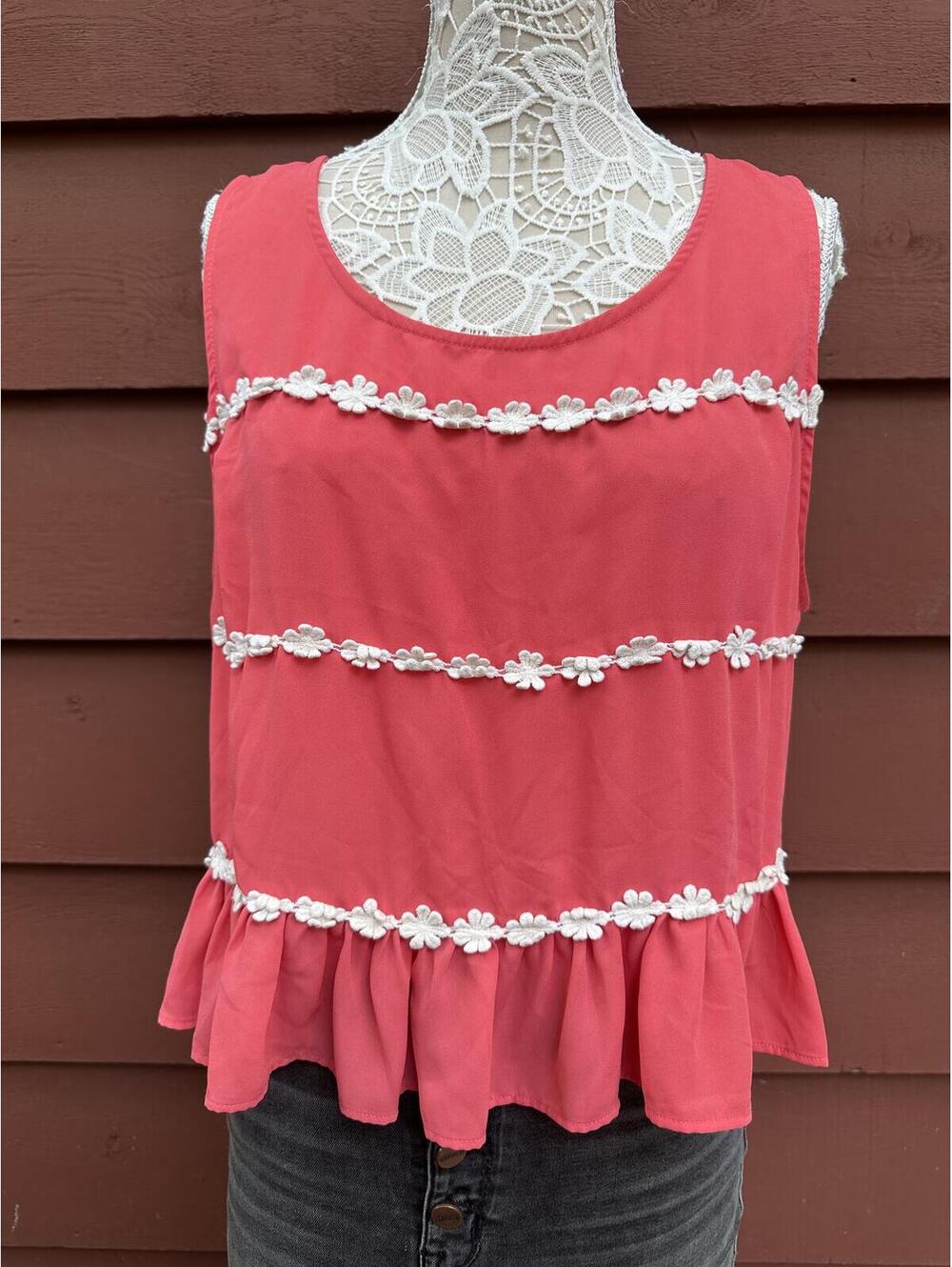 Finn & Clover Y2K Fairycore Coral Pink Sleeveless Peplum Tank with White Floral